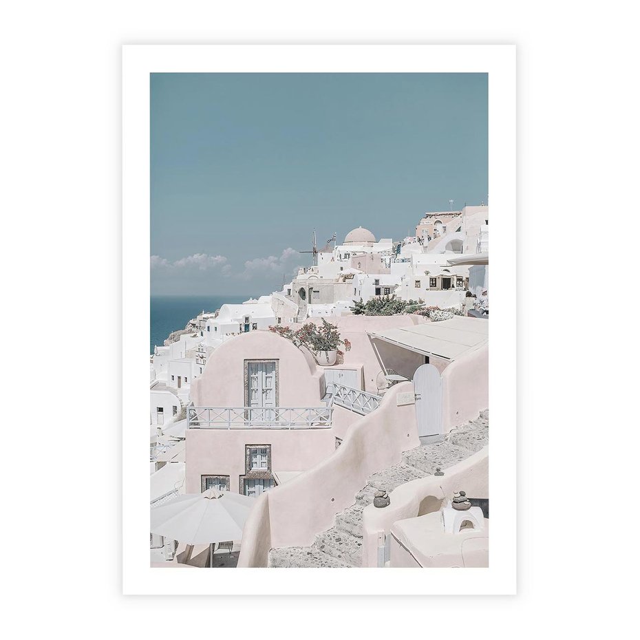Plakat bez ramy 21x30 - Śródziemnomorski Urok - zdjęcie Santorini, białe budynki