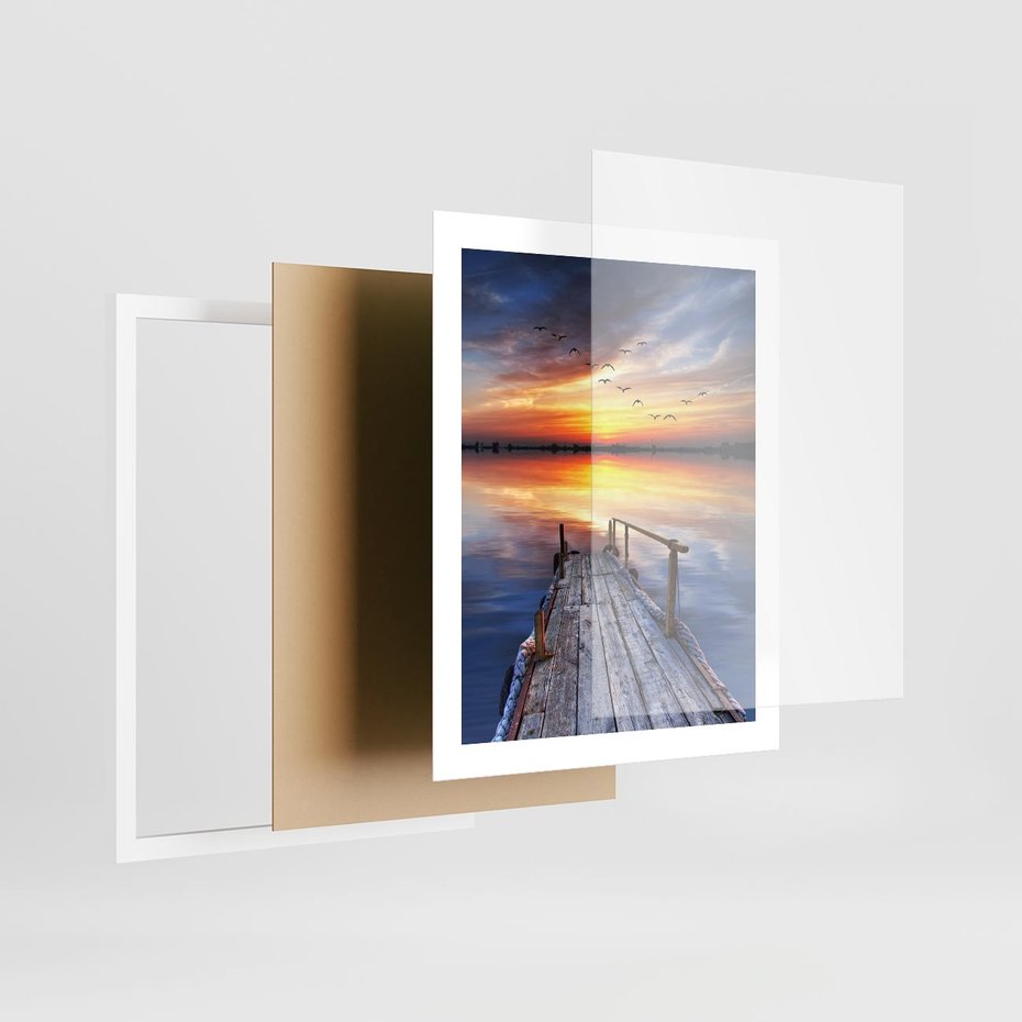 Plakat w ramie 40x50 - Zachód słońca na pomostcie - pomost, zachód - rama biała