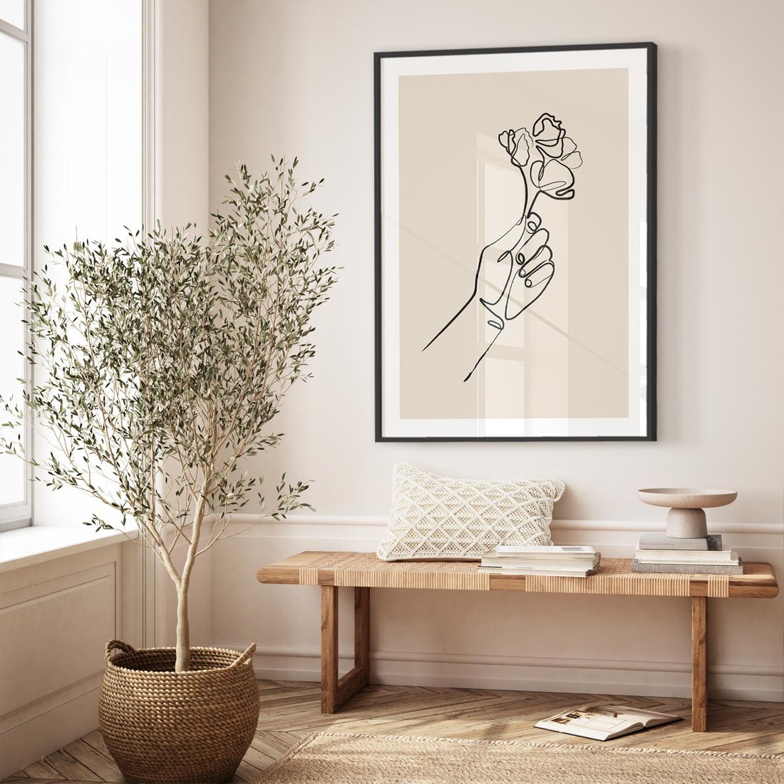 Plakat w ramie 50x70 - Szkic Kwiatu - kwiat w dłoni, szkic - rama czarna