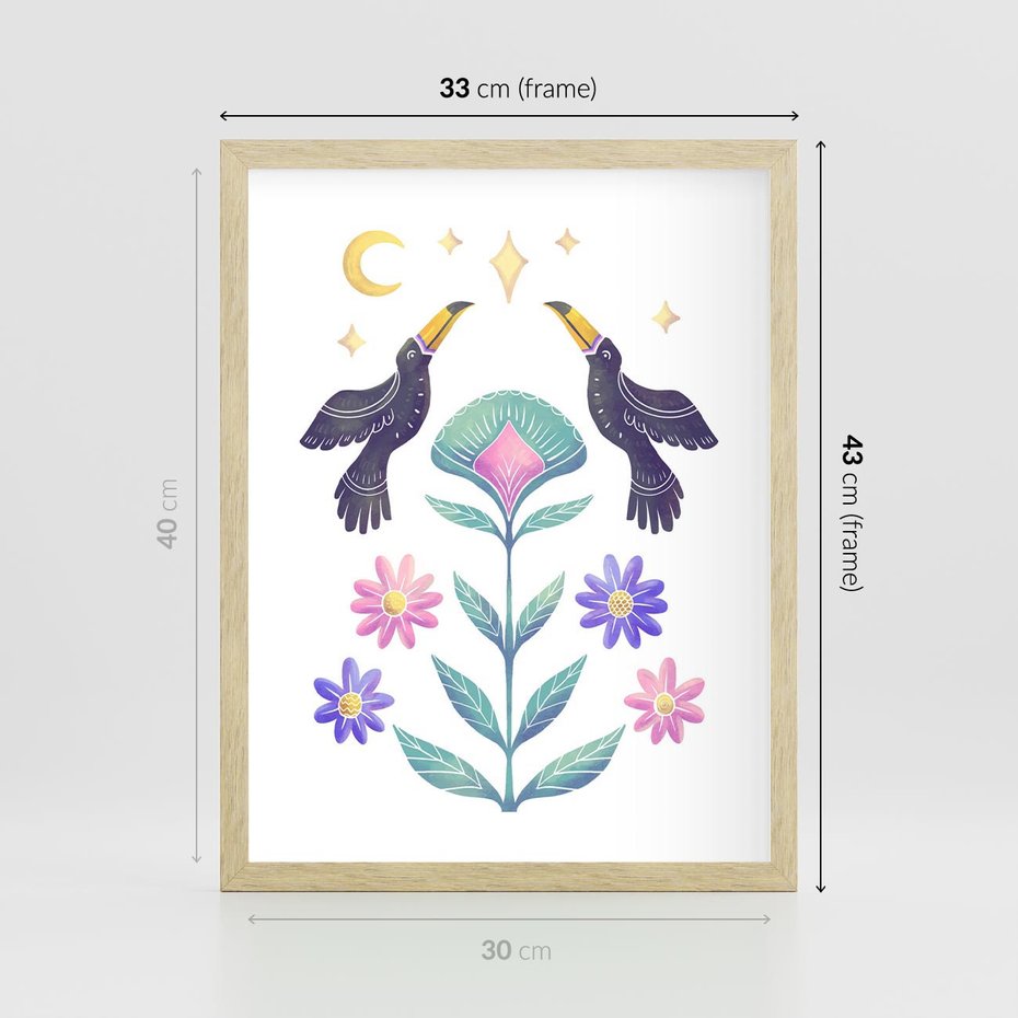 Plakat w ramie 30x40 - Przenikająca Dżungla - boho plakat, tukany - rama drewno