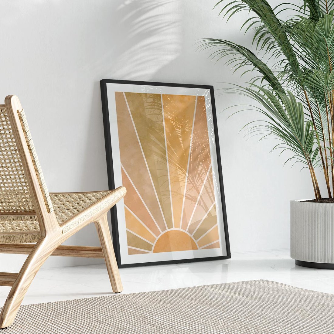 Plakat w ramie 50x70 - Grafika Boho w Odcieniach Pomarańczu - boho słońce, grafika - rama czarna