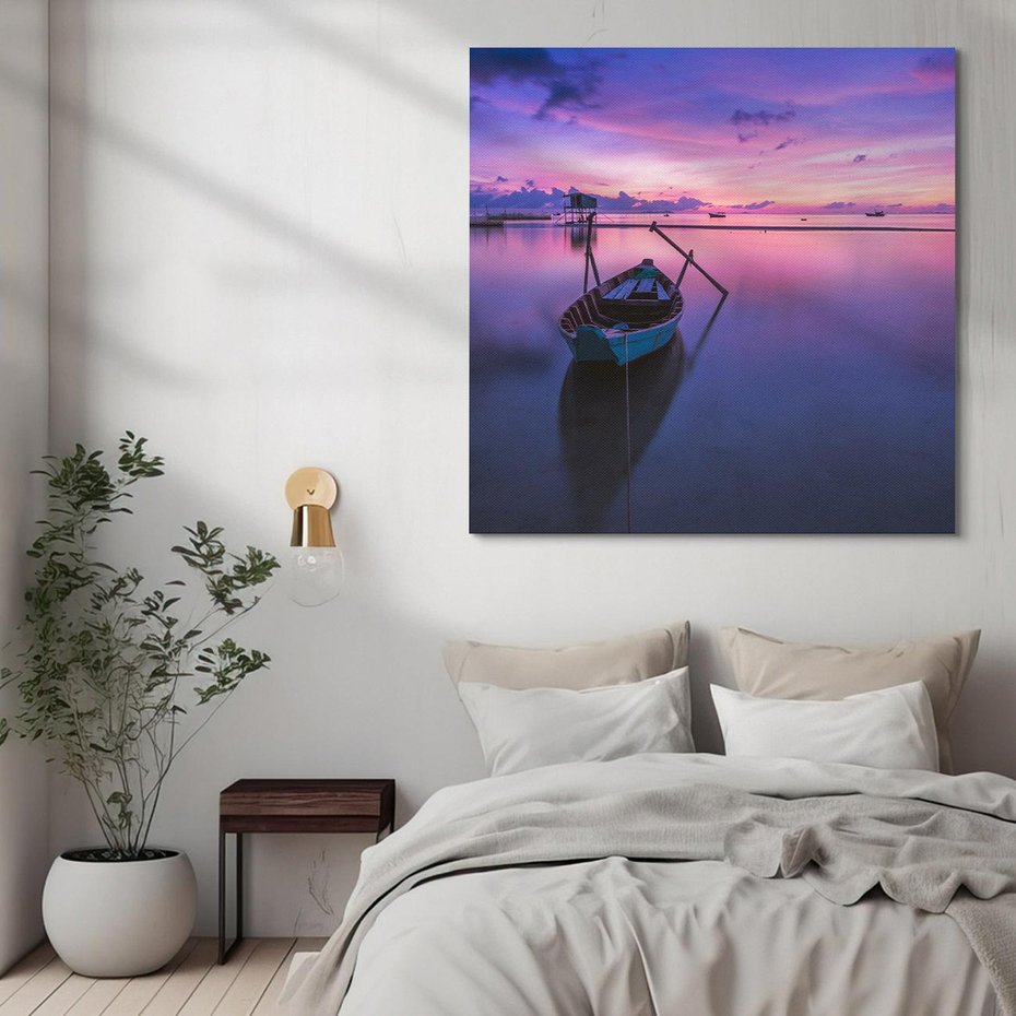 Obraz na płótnie 30x30 - Łódka i zachód słońca nad morzem - łódka, morze