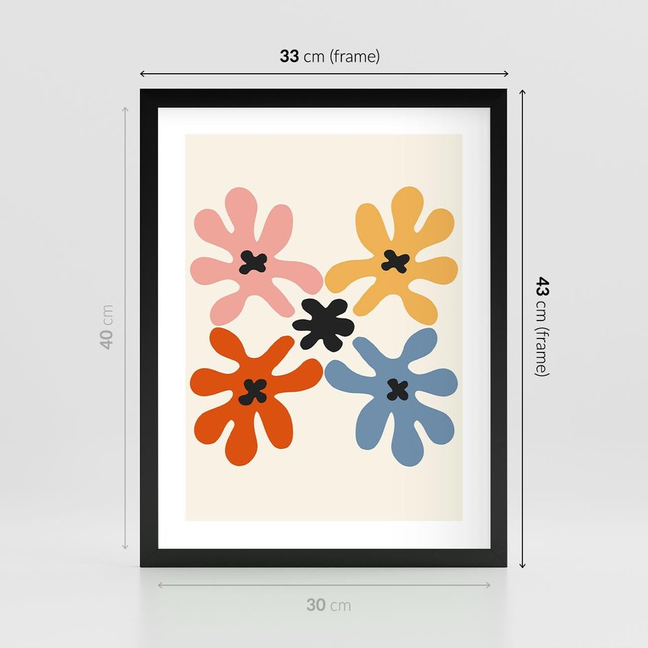 Plakat w ramie 30x40 - Taniec Akwareli - abstrakcyjne wielokolorowe kwiaty, minimalizm - rama czarna