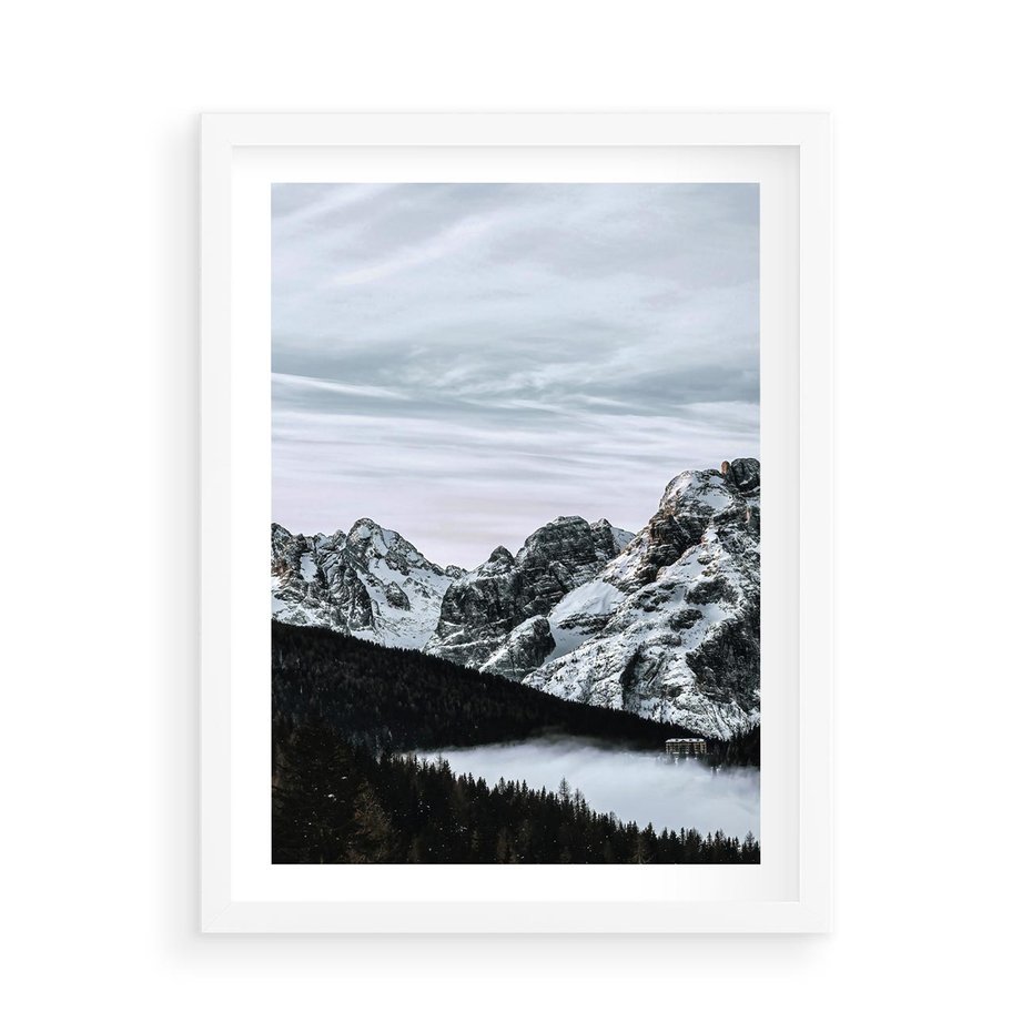 Plakat w ramie 50x70 - Malowniczy Krajobraz ze Śniegiem - góry, śnieg - rama biała