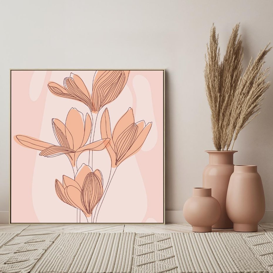 Obraz w ramie 50x50 - Przenikające Kształty - minimalistyczny plakat, pudrowe kwiaty - rama drewno