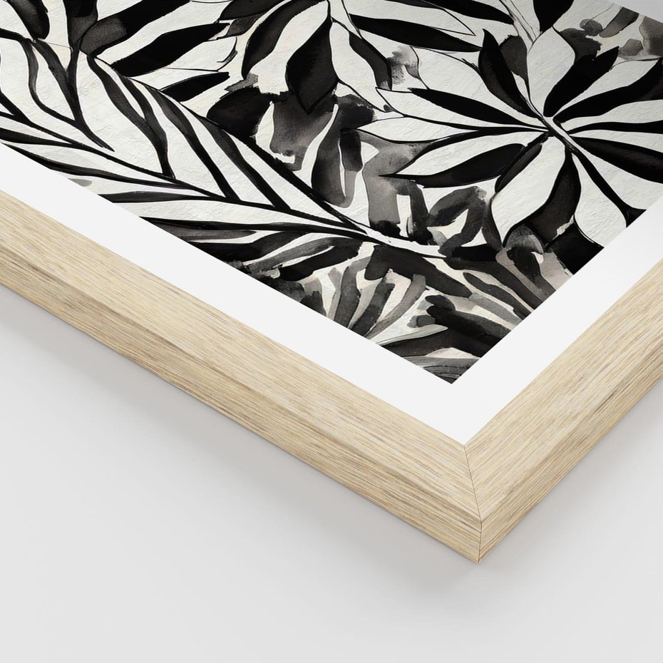 Plakat w ramie 30x40 - Czarne Liście - akwarelowy obraz, czarno biały - rama drewno