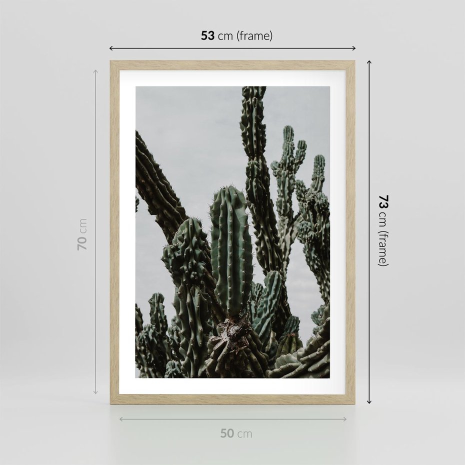 Plakat w ramie 50x70 - Boho oaza wśród kaktusów - kaktusy, pustynia - rama drewno