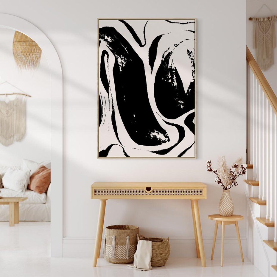 Obraz w ramie 50x70 - Wibracje w ciemnościach duszy - czarno biała abstrakcja, nieregularne rozmyte linie - rama drewno