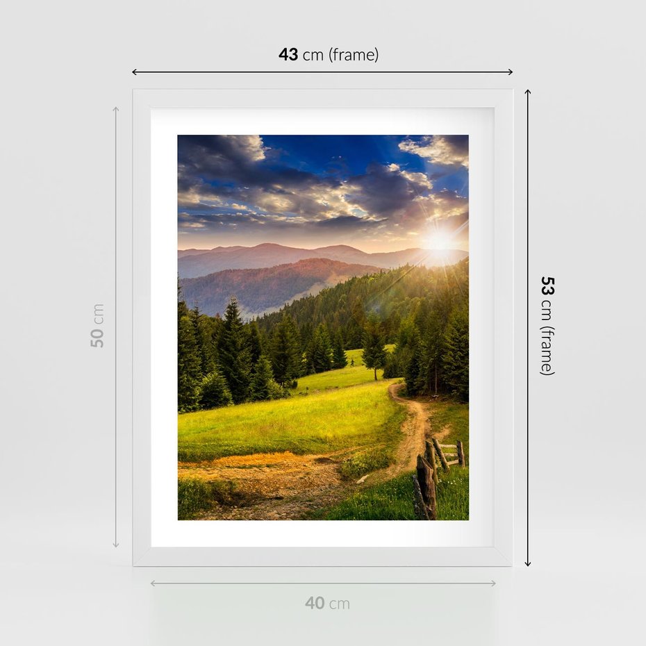 Plakat w ramie 40x50 - Zachód słońca na łące - zachód, łąka - rama biała