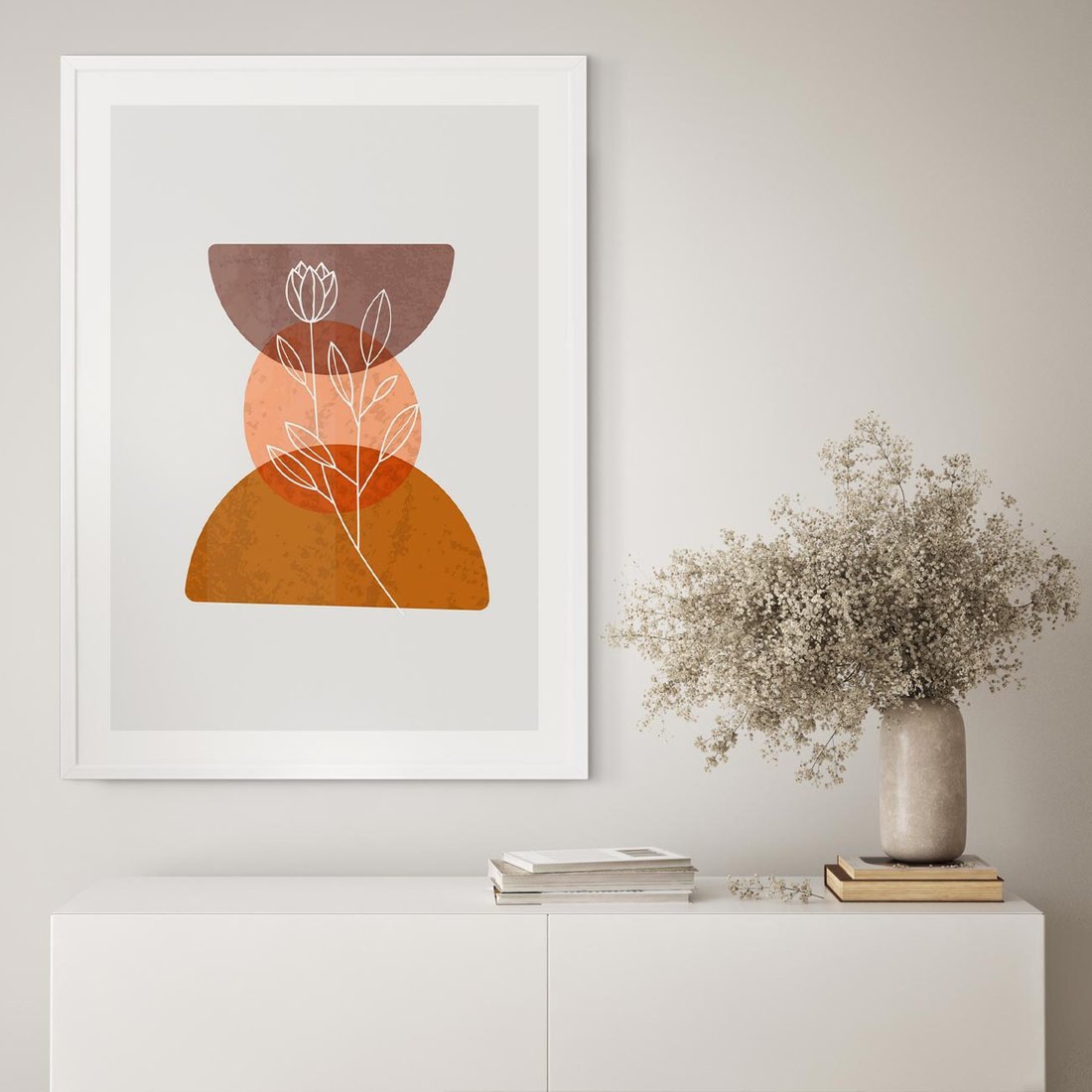 Plakat w ramie 30x40 - Kwiatowa Akwarela - akwarelowe kształty, brąz - rama biała