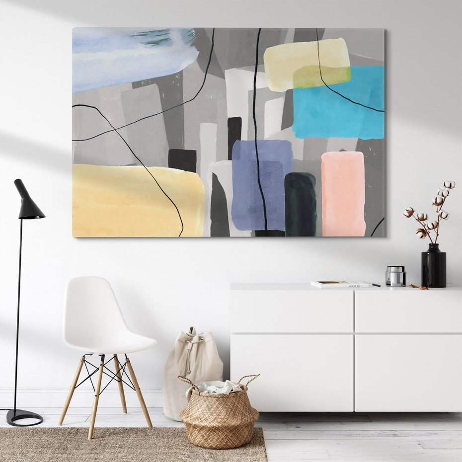 Obraz na płótnie 120x80 - Harmonia w chaosie serca - abstrakcja na szarym tle, kolorowe plamy koloru