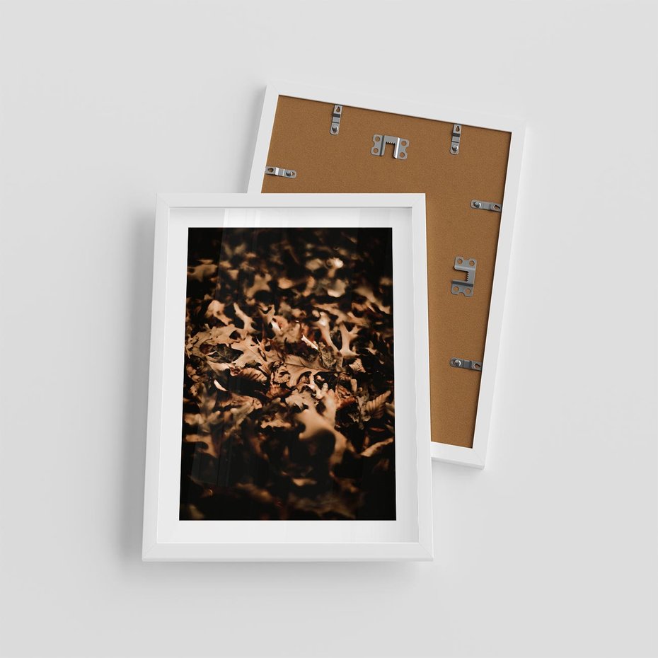 Plakat w ramie 30x40 - Jesienne Liście: Nostalgiczna Kolorystyka - suche liście, jesień - rama biała