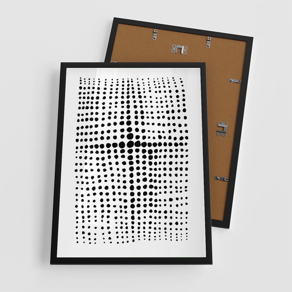 Plakat w ramie 50x70 - Refleksje Monochromatycznych Widoków - abstrakcyjna kompozycja z czarnych kropek, minimalistyczny czarno bialy plakat - rama czarna