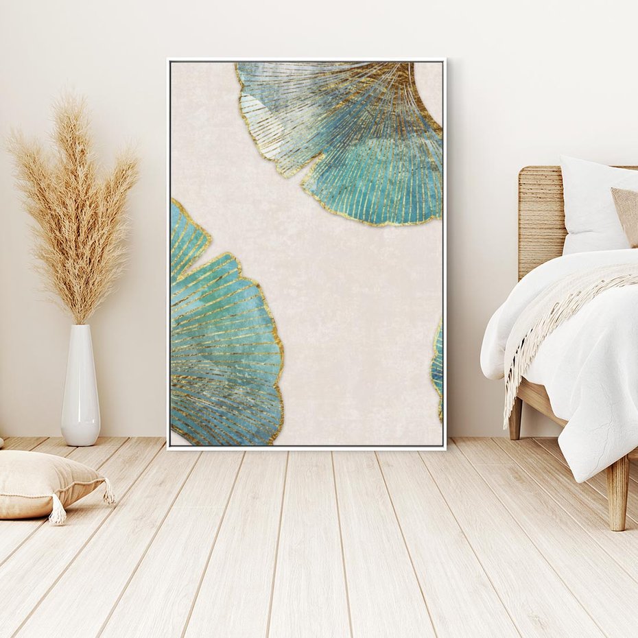 Obraz w ramie 50x70 - Złota Melodia Liści - złote, turkusowe liście miłorzębu - rama biała