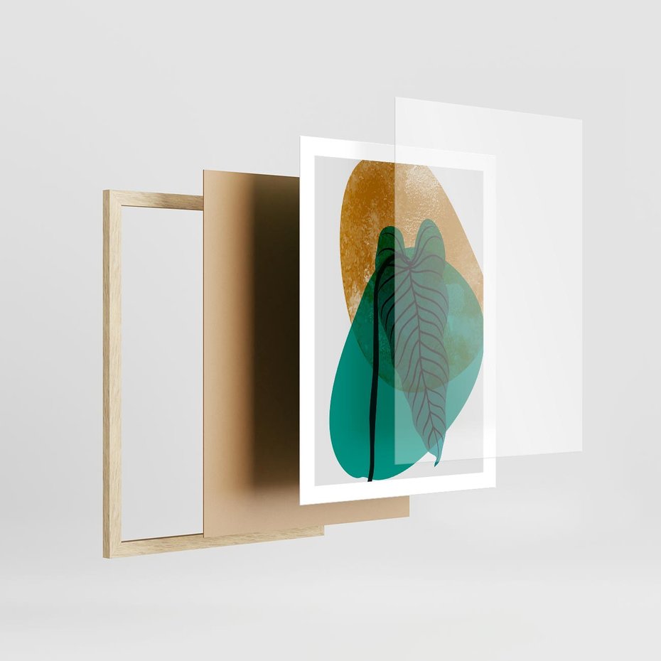 Plakat w ramie 50x70 - Zielony Liść ze Złotą Plamą - zielony liść, złota plama - rama drewno