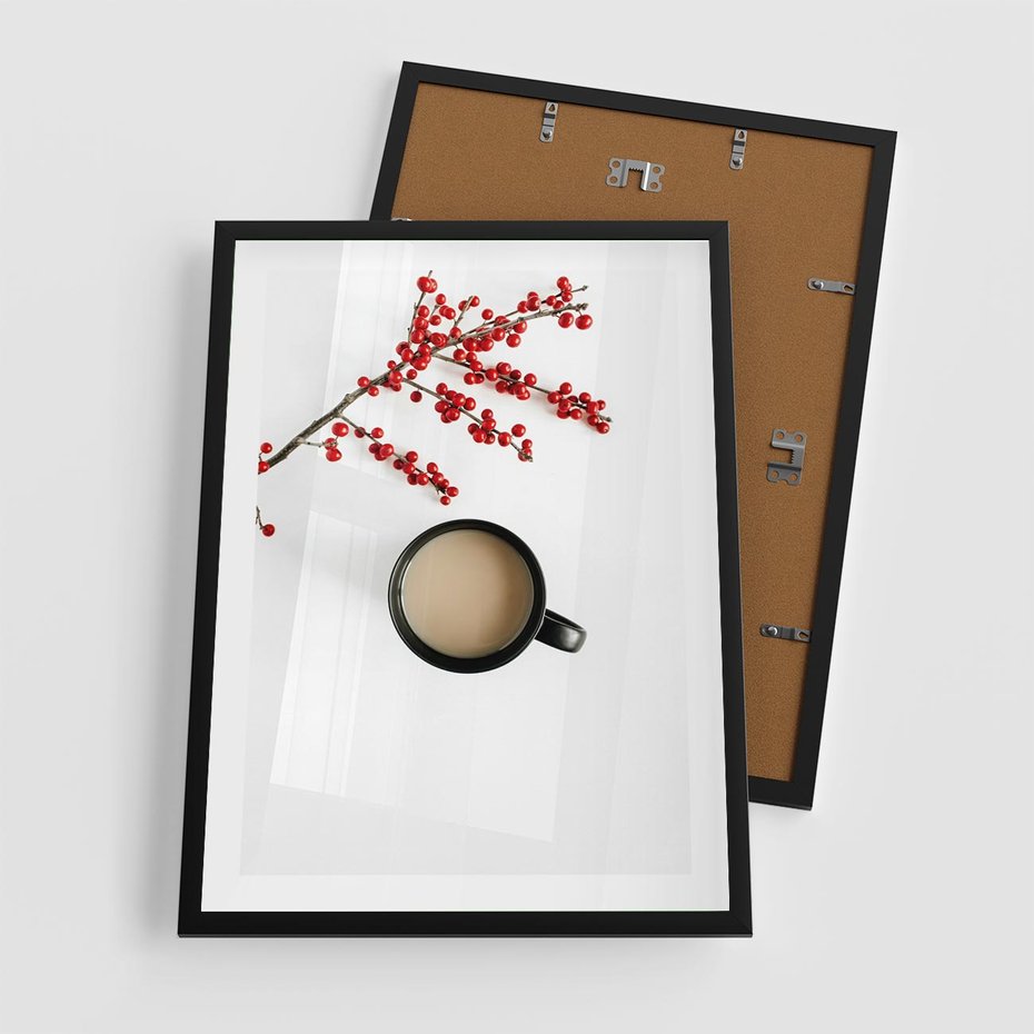 Plakat w ramie 50x70 - Filiżanka Kawy z Gałązką Jarzębiny - kawa, gałązka jarzębiny - rama czarna