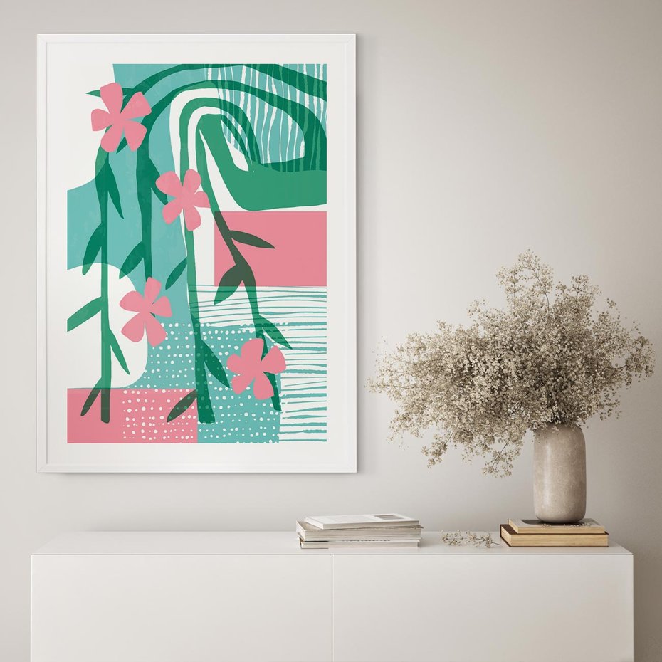 Plakat w ramie 40x50 - Rozkwitające Harmonie Form - abstrakcyjne pastelowe kwiaty, nowoczesna sztuka - rama biała