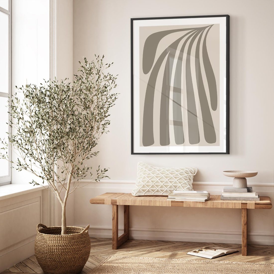 Plakat w ramie 40x50 - Beżowa Delikatność - nowoczesna sztuka, plakat modern - rama czarna
