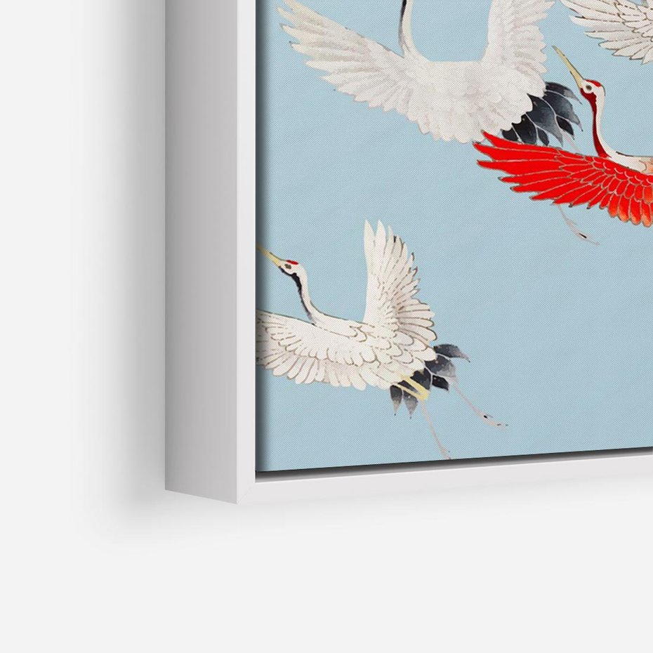 Obraz w ramie 70x50 - Eteryczne Żurawie - lecące żurawie, orientalna sztuka - rama biała