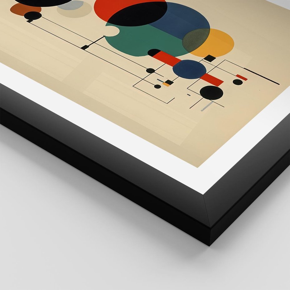 Plakat w ramie 50x70 - Migocące Impresje Odniesień - abstrakcyjna geometryczna kompozycja, koła linie - rama czarna