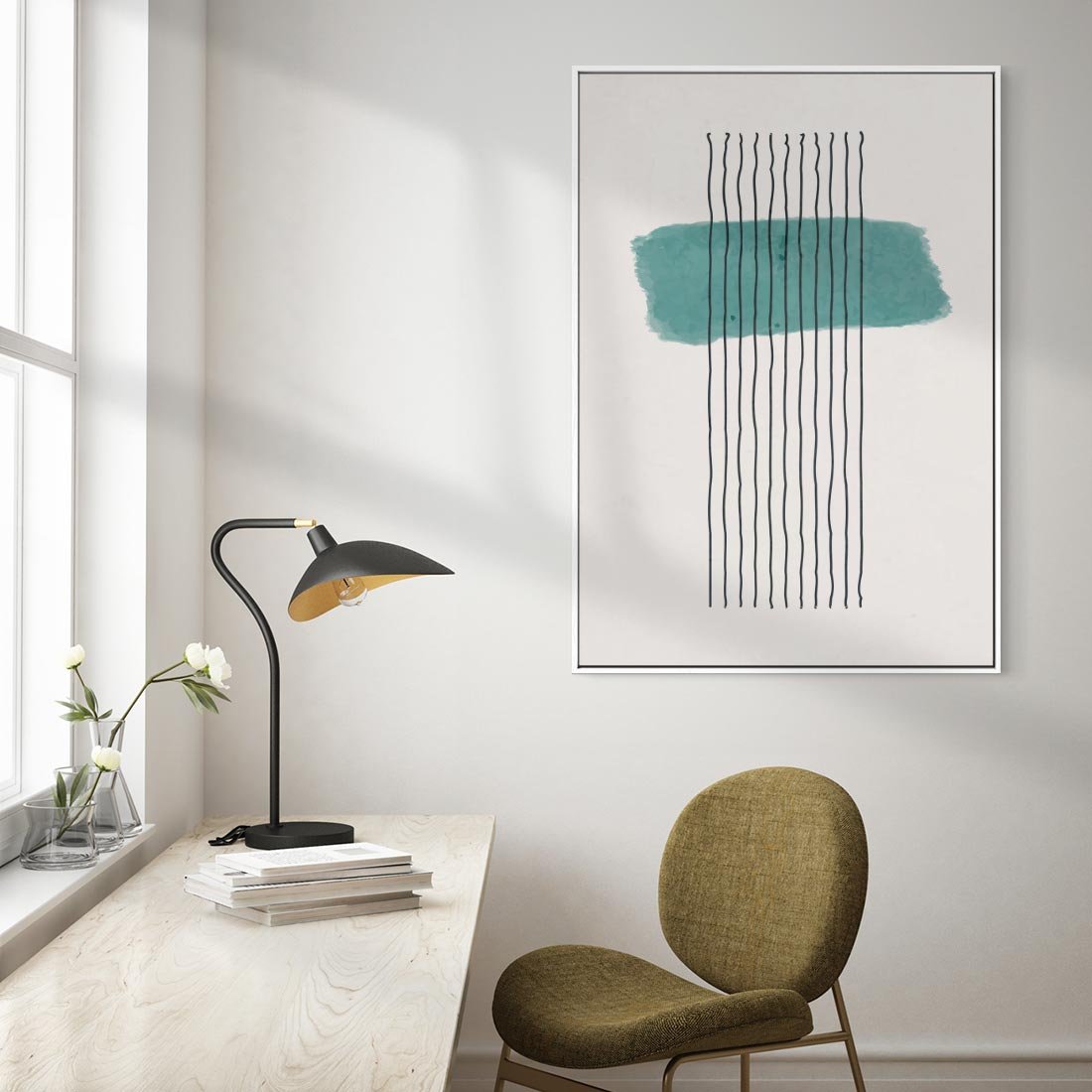 Obraz w ramie 70x100 - Bezczasowe Wspomnienia - abstrakcyjna akwarelowa plama, nieregularne kreski - rama biała