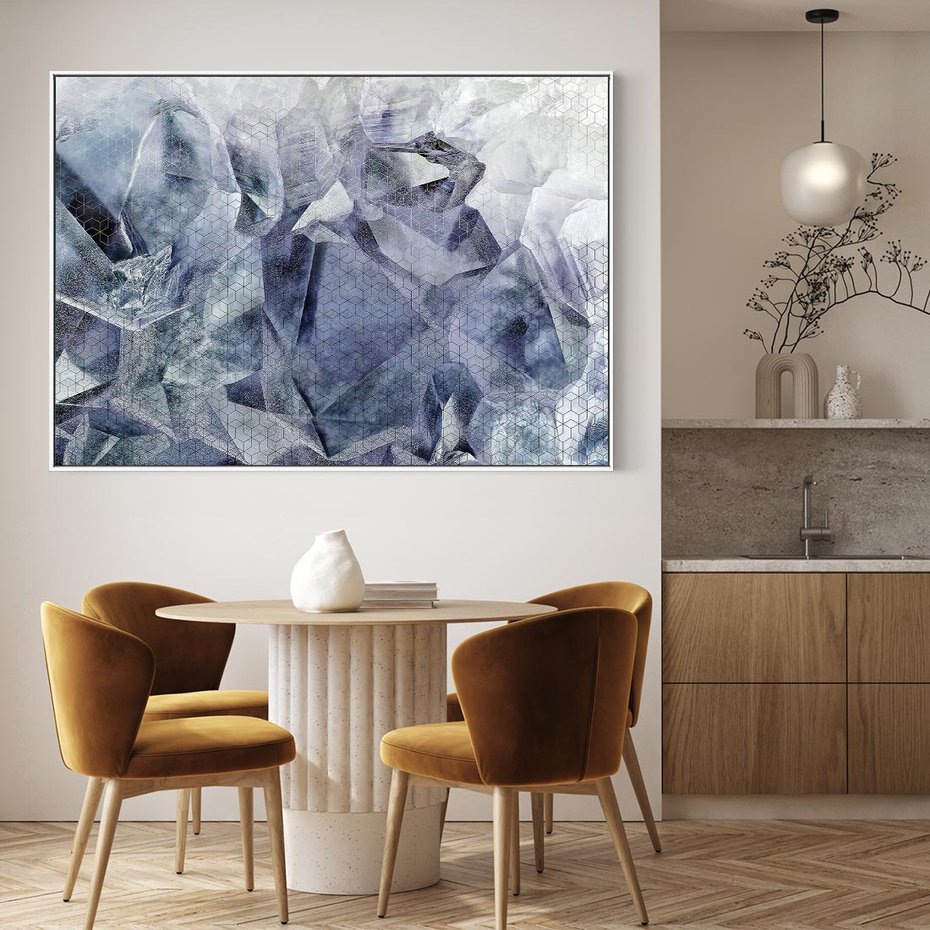 Obraz w ramie 120x80 - Melodia mgieł i marzeń - abstrakcja w kolorze granatu, przypominająca górę lodową - rama biała