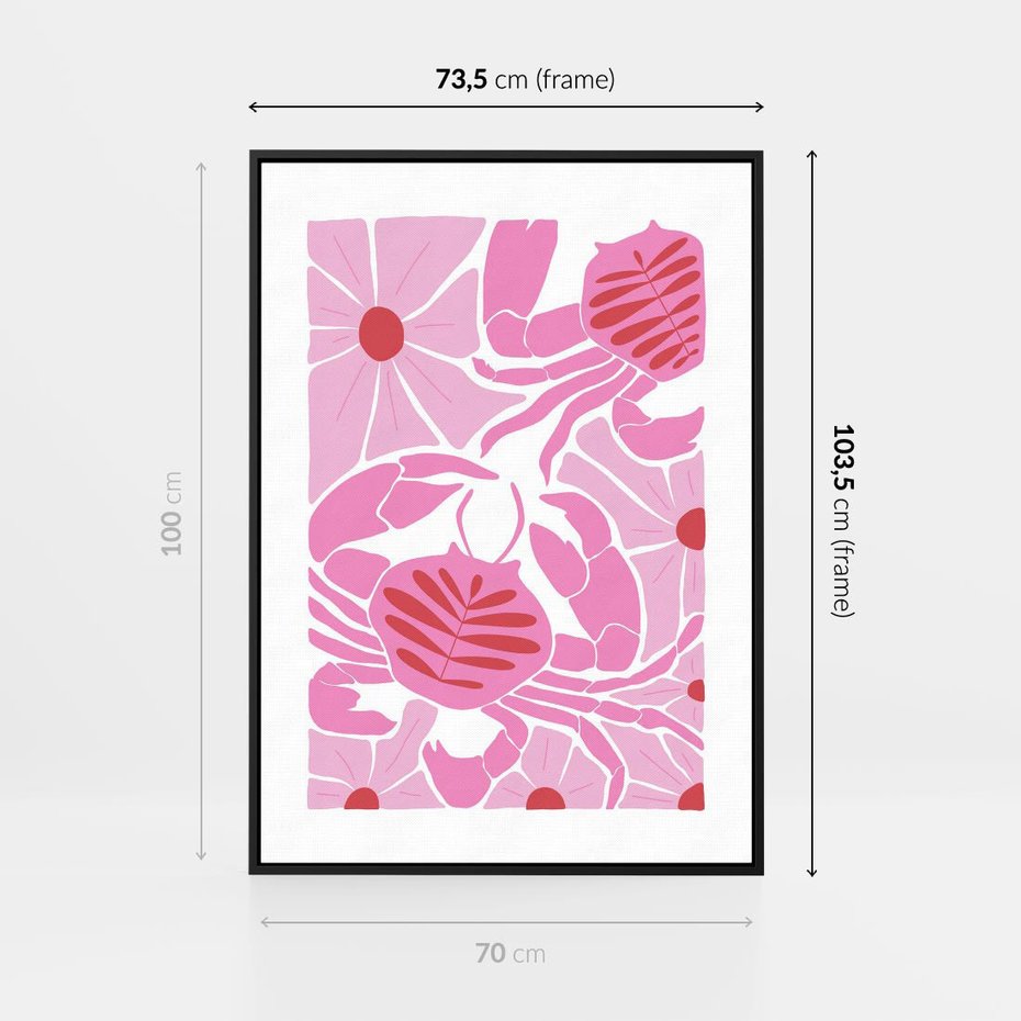 Obraz w ramie 70x100 - Roztańczone Kraby - różowe kwiaty i kraby, abstrakcyjna kompozycja - rama czarna