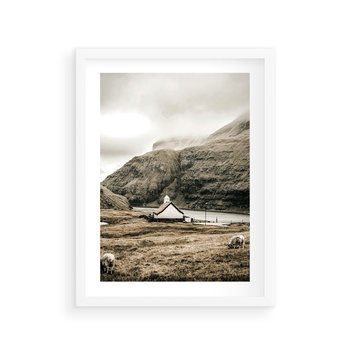 Plakat w ramie 50x70 - Kościół na Wzgórzu: Sepia Nostalgii - kościół w górach, na wzgórzu - rama biała