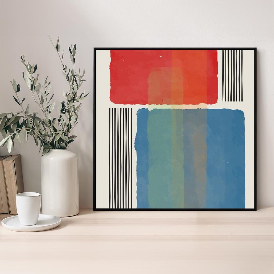 Obraz w ramie 50x50 - Kolorowe Spektrum - kolorowa geometria, prostokąty w intensywnych kształtach i czarne kreski - rama czarna