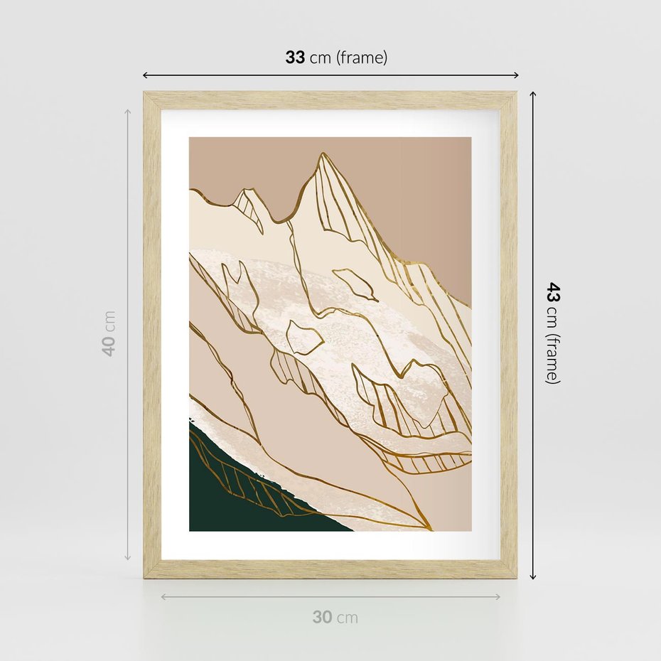 Plakat w ramie 30x40 - Góry w Złocie i Minimalizmie - grafika, złote góry - rama drewno