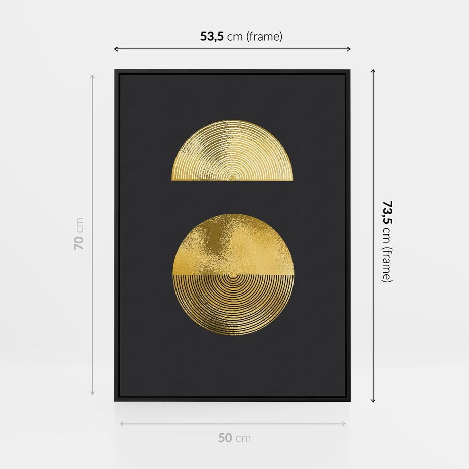 Obraz w ramie 50x70 - Migotliwe Przeniknięcia - złote koła, czarne tło - rama czarna