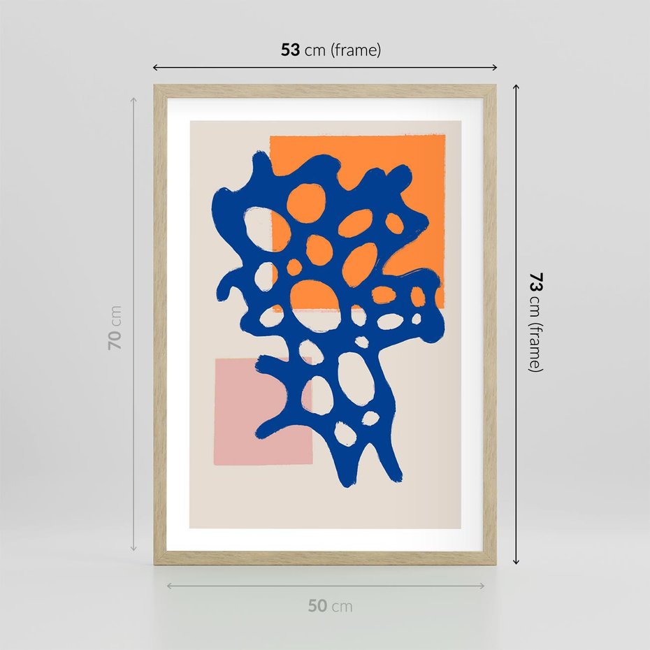 Plakat w ramie 50x70 - Migotliwe Nastroje - abstrakcyjna niebieska forma, dziwne kształty - rama drewno