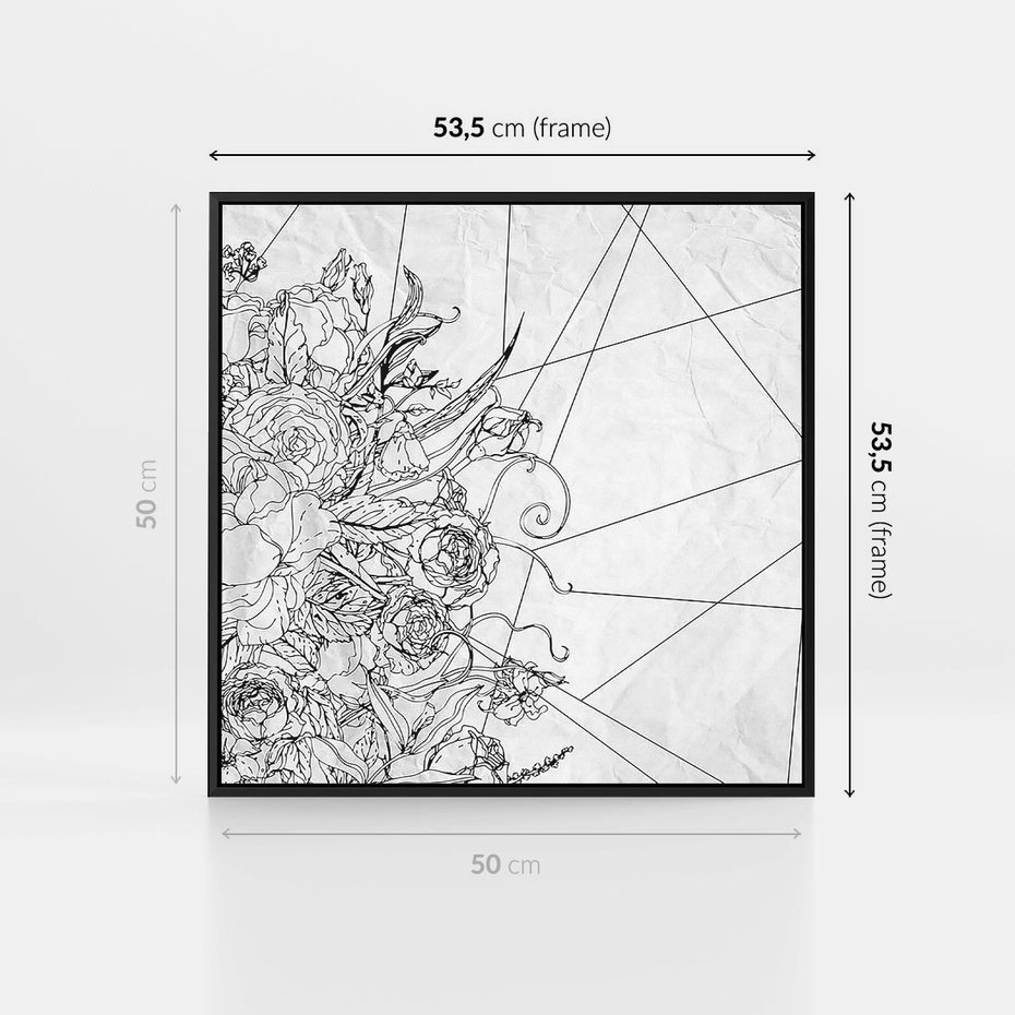Obraz w ramie 50x50 - Refleksje w martwym punkcie - graficzny szkic, kompozycja kwiatów - rama czarna