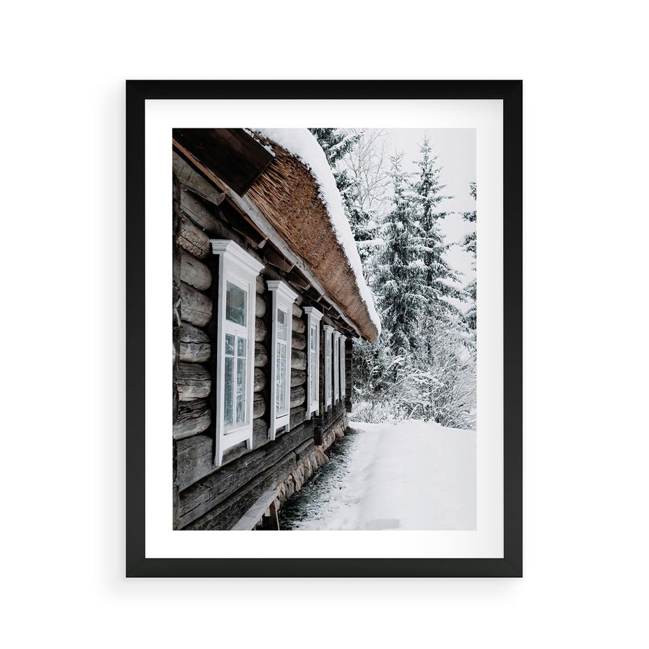 Plakat w ramie 40x50 - Cicha Zima - zima, domek w górach - rama czarna