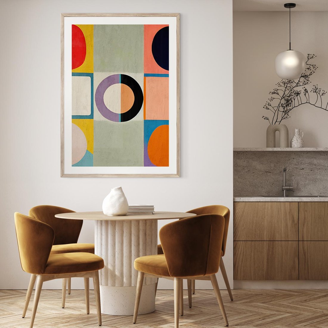 Plakat w ramie 30x40 - Taniec Kształtów Emocji - abstrakcyjne geometryczne kształty, olejny obraz - rama drewno