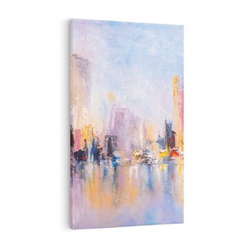 Obraz na płótnie 80x120 - Miasto Refleksji - olejna panorama miasta w oddali, wiezowce odbijają się w rzece