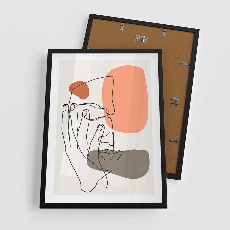 Plakat w ramie 50x70 - Ekspresja Kolorów: Szkic - one line szkic twarzy, kolorowe plamy - rama czarna