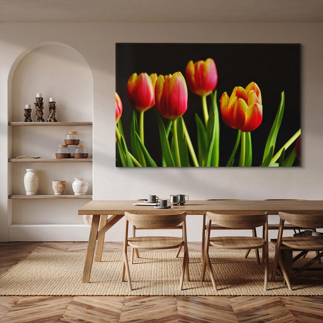 Obraz na płótnie 70x50 - Tulipany w przyrodzie: harmonia kształtów - tulipany, kiwaty