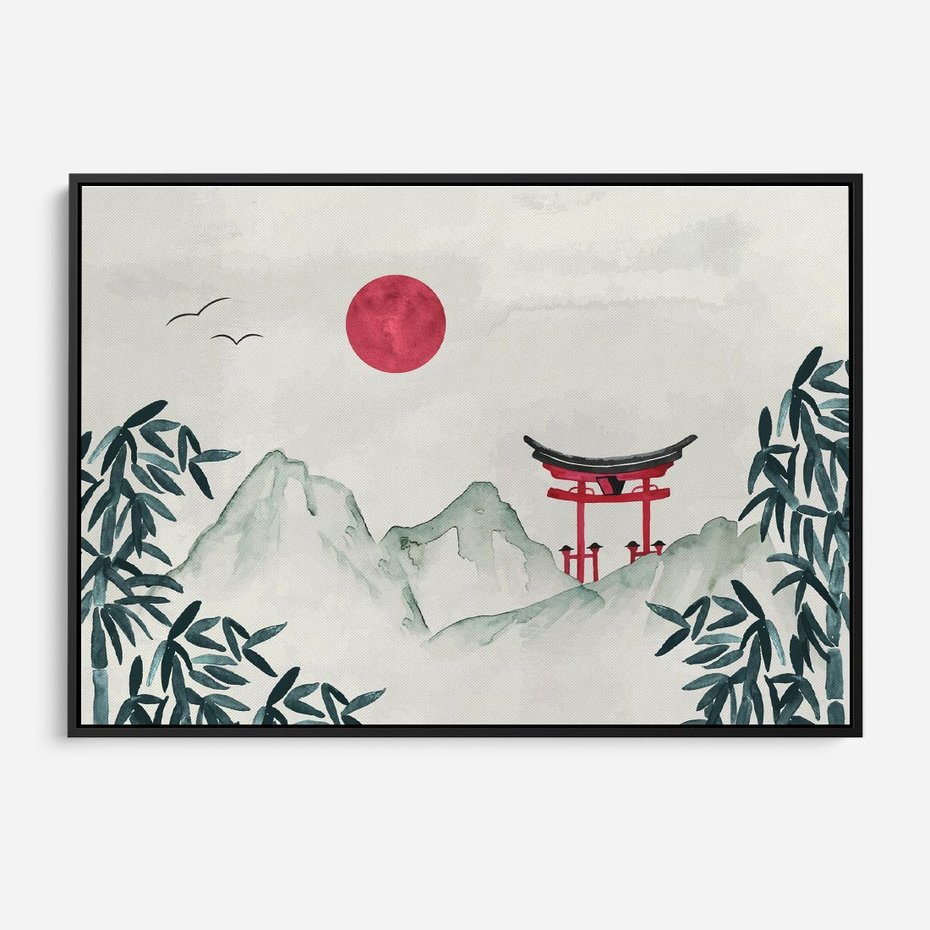 Obraz w ramie 70x50 - Słońce nad Górami - japoński krajobraz, góry - rama czarna