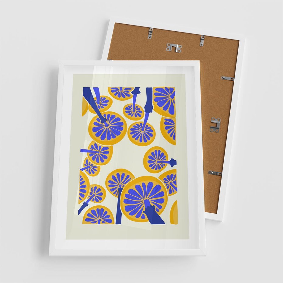 Plakat w ramie 50x70 - Malowane w słońcu - abstrakcyjna kompozycja, grzyby - rama biała