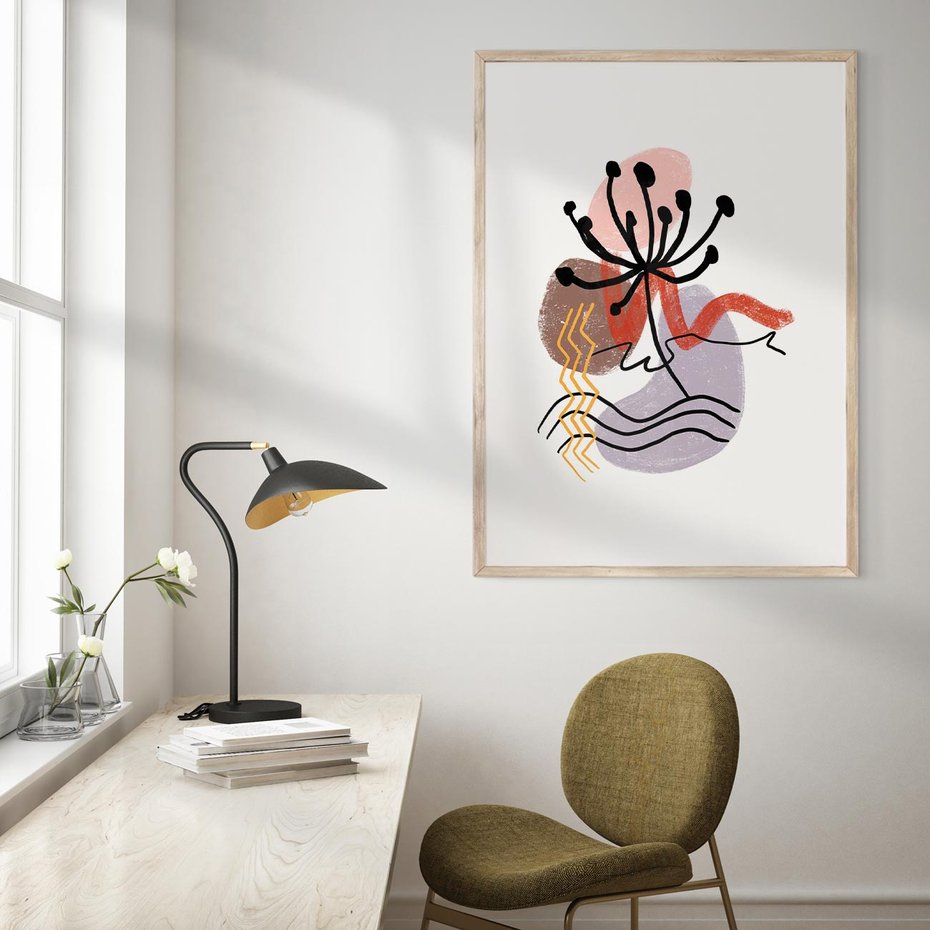 Plakat w ramie 30x40 - Migocące Odsłony - abstrakcyjna sztuka, liść dmuchawiec - rama drewno