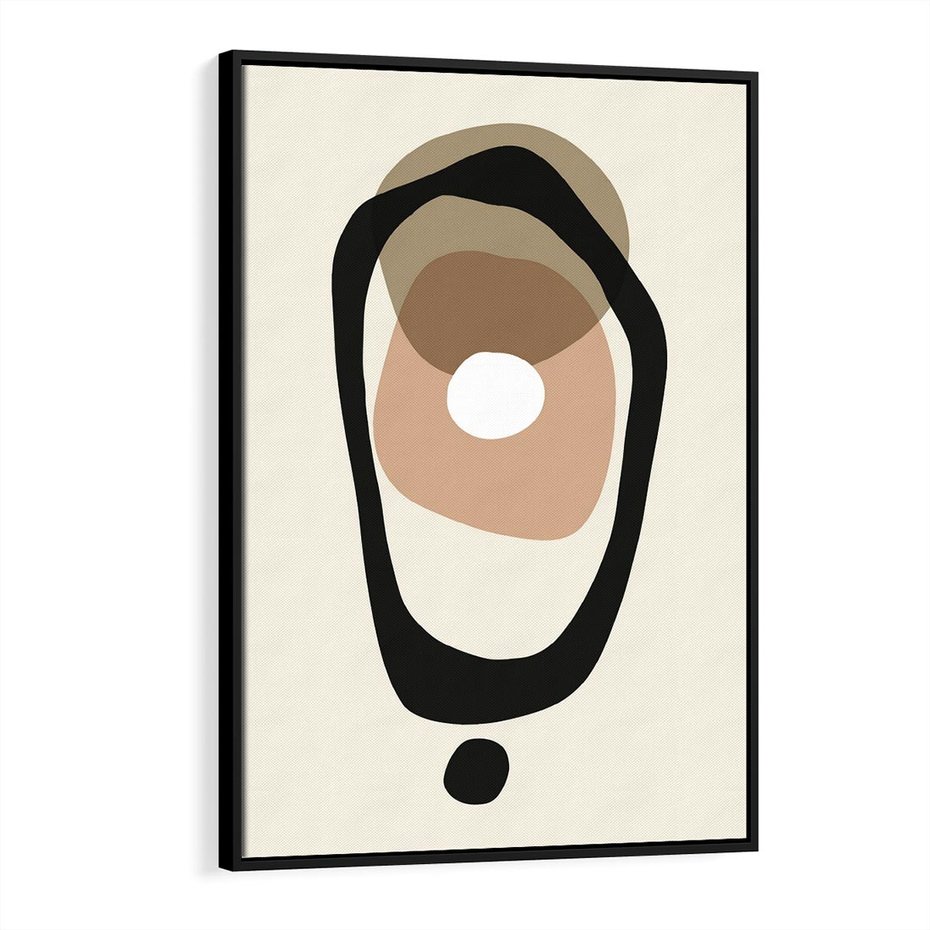 Obraz w ramie 70x100 - Intrygujące Zaskoczenia - beżowa abstrakcyjna kompozycja, czarny akcent - rama czarna