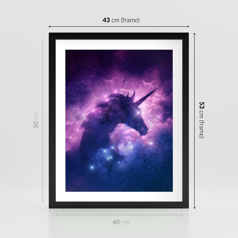 Plakat w ramie 40x50 - Mityczna podróż - kosmos, jednorożec - rama czarna