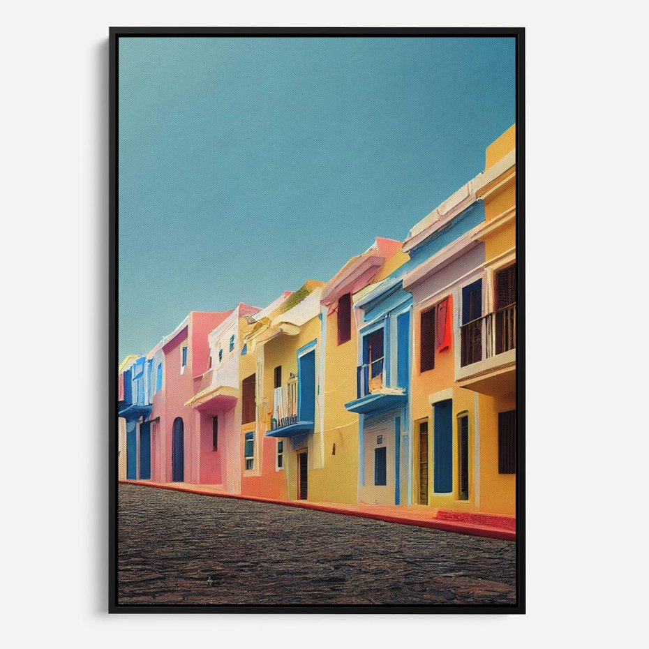 Obraz w ramie 50x70 - Ekspresja marzeń i tęsknot - pastelowe kolorowe budynki, wzdłuż ulicy - rama czarna
