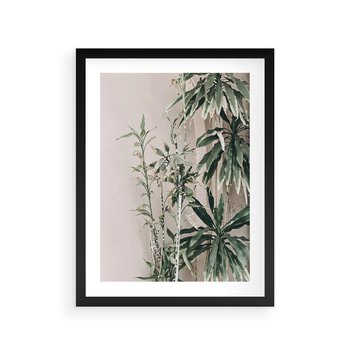 Plakat w ramie 40x50 - Egzotyczna Kompozycja - liście, rośliny tropikalne na tle ściany - rama czarna