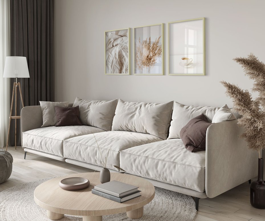 Zestaw obrazy w ramie 50x70 galeria - Kawa, pościel, boho, prostota - rama drewno