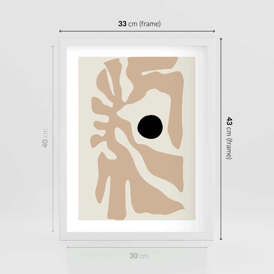 Plakat w ramie 30x40 - Eksploracja Abstrakcji - beżowa absrakcyjna kompozycja, czarny akcent - rama biała