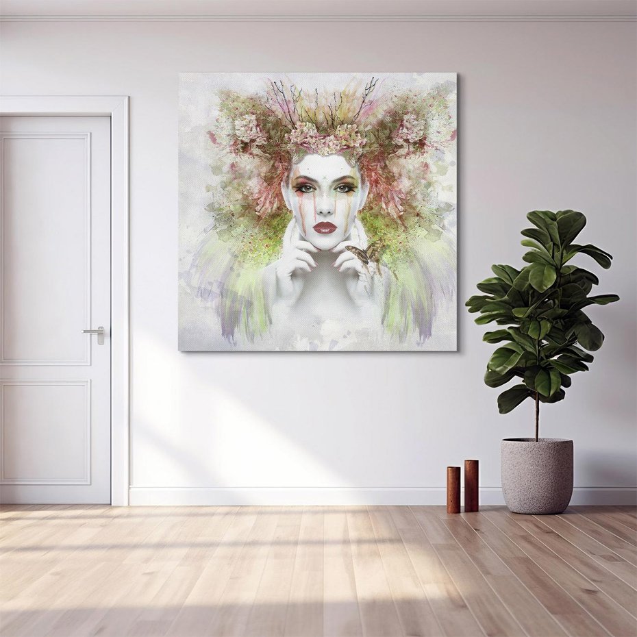 Obraz na płótnie 60x60 - Abstrakcyjna Ekspresja - Twarz w Kwiatowym Wirze - abstrakcja, twarz