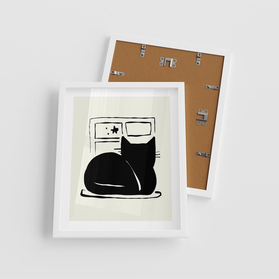 Plakat w ramie 40x50 - Czarny Kot: Prosta Elegancja - grafika, minimalizm - rama biała