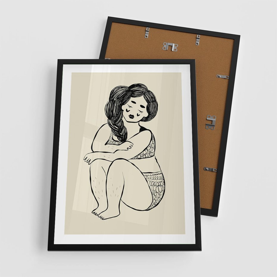 Plakat w ramie 50x70 - Migotliwe Refleksje - nowoczesny minimalistyczny rysunek, dziewczyna w bieliźnie - rama czarna